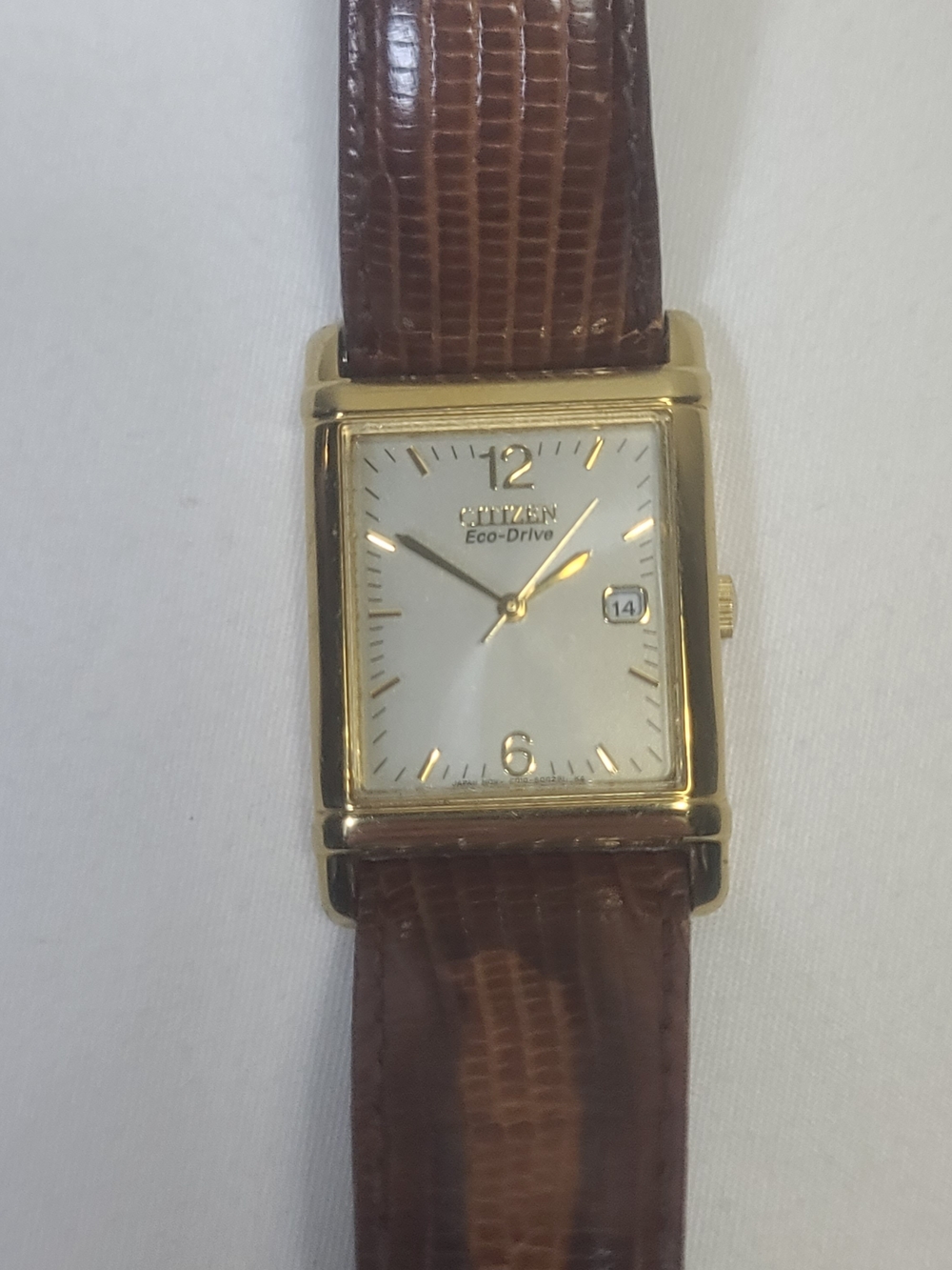 Citizen Gold-Tone Rectangular Watch with Brown Leather Strap